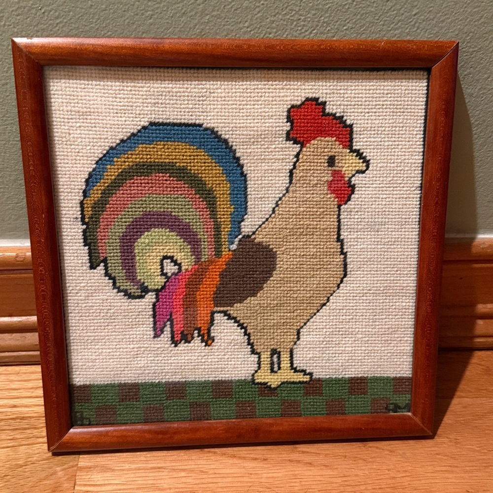 Handcrafted Rooster With Rainbow Tail Needlepoint Wall Art Multi-Color